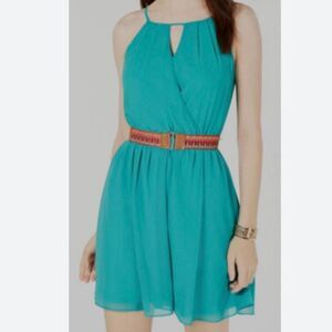 NWT BCX Juniors Women's blue/green Belted Pullover Chiffon Halter Fit & Flare Dr